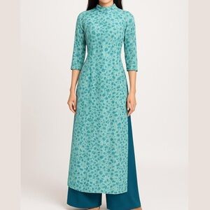 Ao Dai Blue Teal White Floral Set of 2 Top And Pants